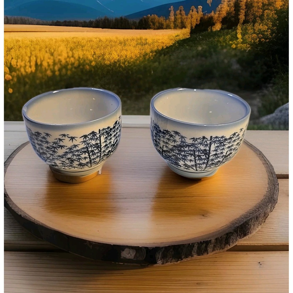 Vintage~ Japanese Yunomi Teacups. Set Of 2~Blue Sometsuke Bamboo Design ~MCM GUC